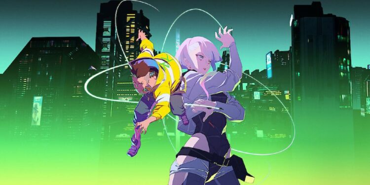 Cyberpunk Edgerunners key art with a man and a woman in front of a cityscape enhanced by a green-gradient