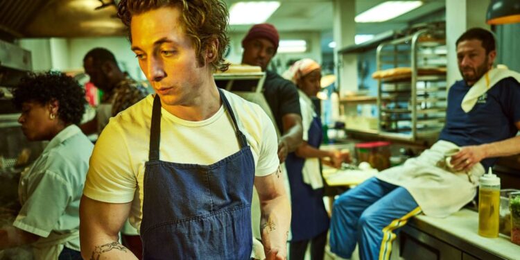 The Bear gallery art featuring Jeremy Allen White as Carmy in the kitchen
