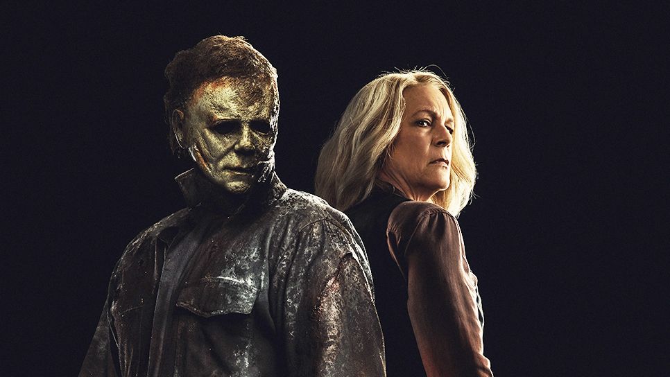 (L to R) Michael Myers (Nick Castle/James Jude Courtney) and Laurie Strode (Jamie Lee Curtis) in the poster for Halloween Ends
