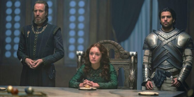Rhys Ifans as Otto Hightower, Olivia Cooke as Queen Alicent and Fabien Frankel as Ser Criston Cole in House of the Dragon episode 9