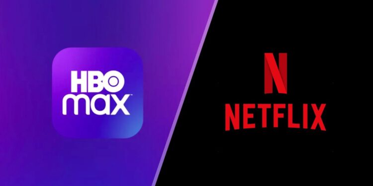 (L to R) HBO Max and Netflix logos with a diagonal line in the middle