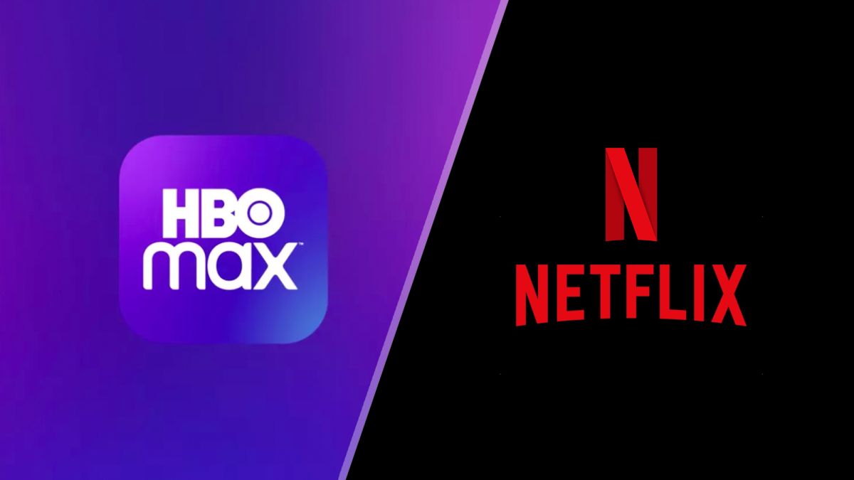 (L to R) HBO Max and Netflix logos with a diagonal line in the middle
