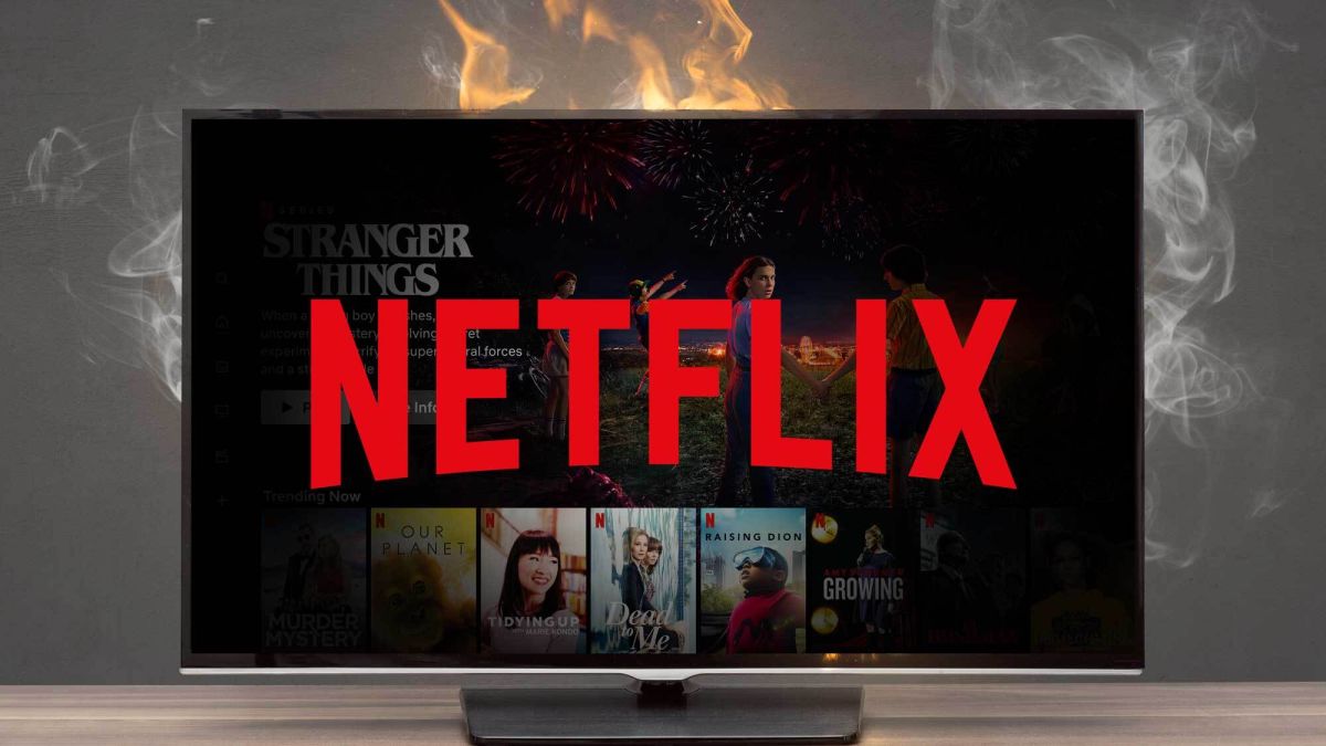 A TV with the netflix logo and show art is on fire