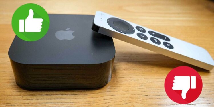 The Apple TV 4K (2022), with the Siri remote propped on its right side, with thumbs up and down graphics overlaid on top