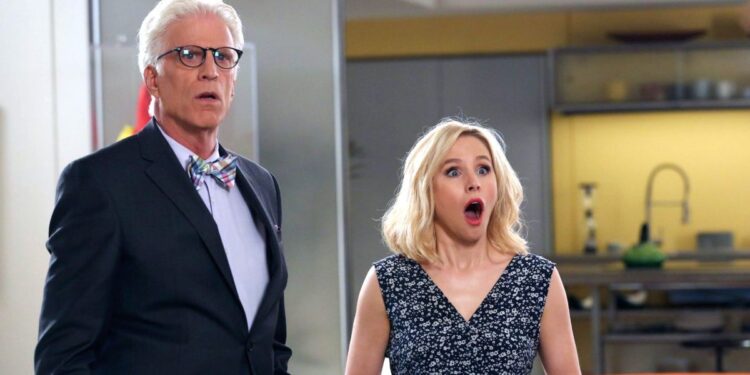 Ted Danson as Michael and Kristen Bell as Eleanor are surprised in The Good Place