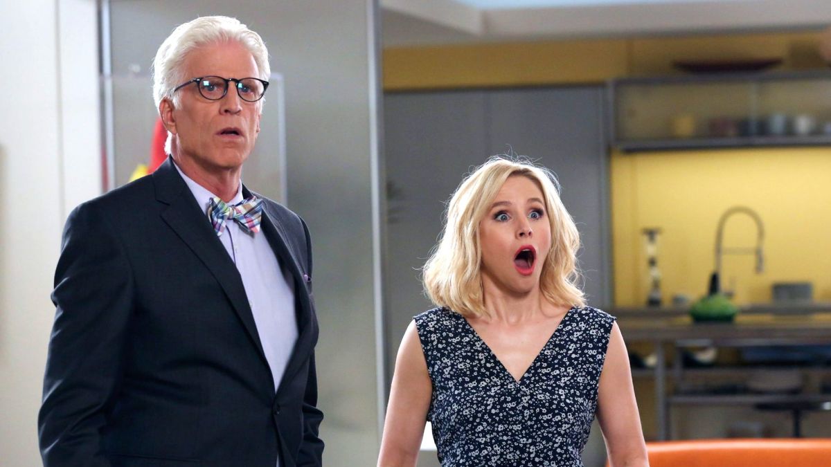Ted Danson as Michael and Kristen Bell as Eleanor are surprised in The Good Place