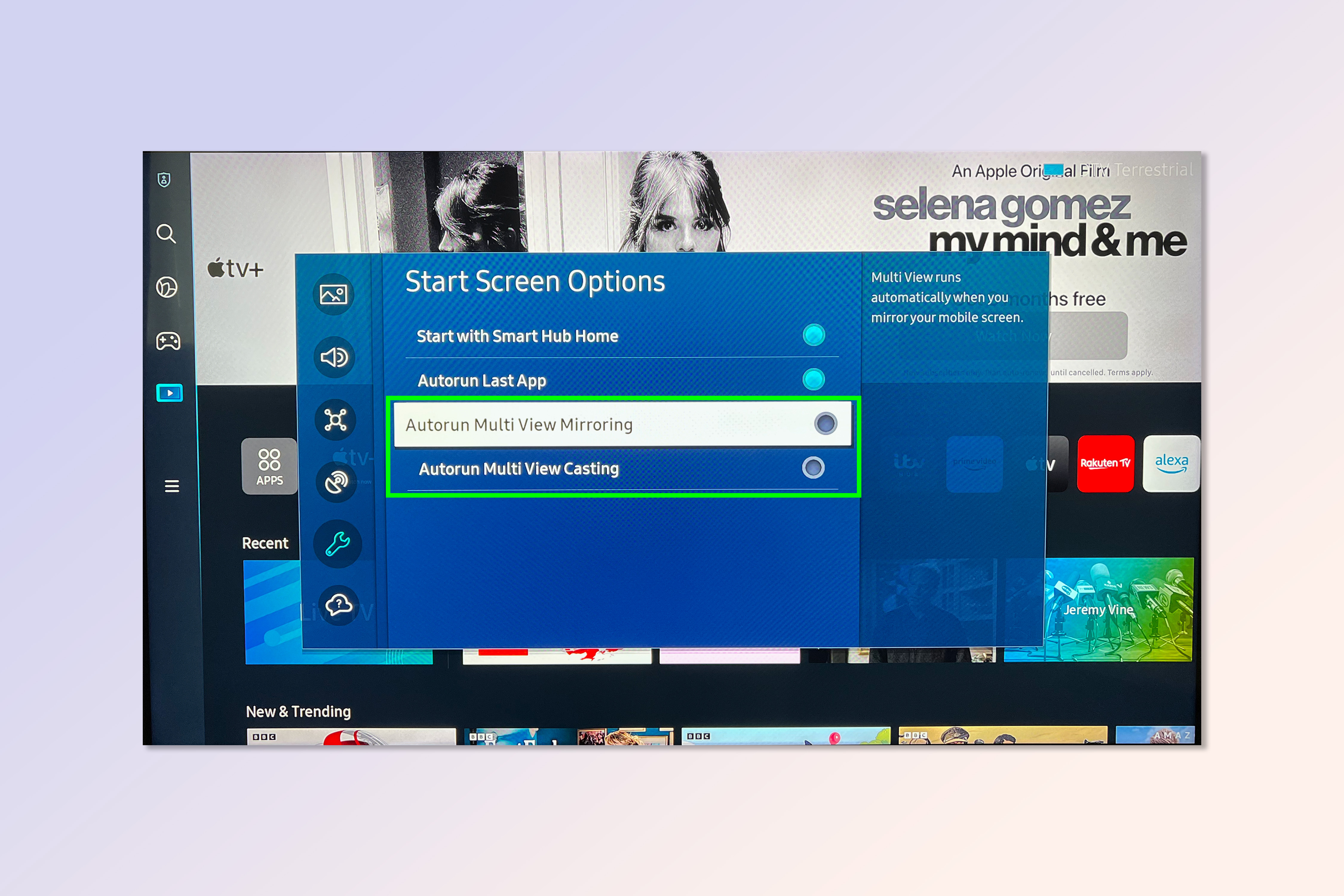 لقطة شاشة توضح الخطوات المطلوبة لتعطيل Multi View التلقائي على تلفزيون Samsung