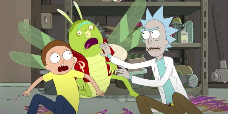 (R to L) Rick pushes Previous Leon as Morty watches in the opening of Rick and Morty season 6 episode 7