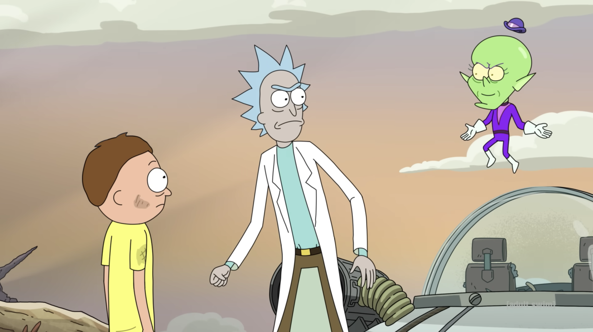 (L to R) Morty, Rick and Mr. Calypso in Rick and Morty season 6 episode 8