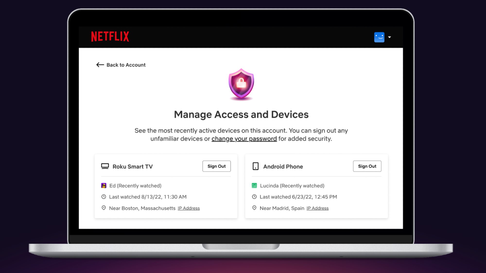 عرض شاشة لإعداد حساب Netflix إدارة الوصول والأجهزة