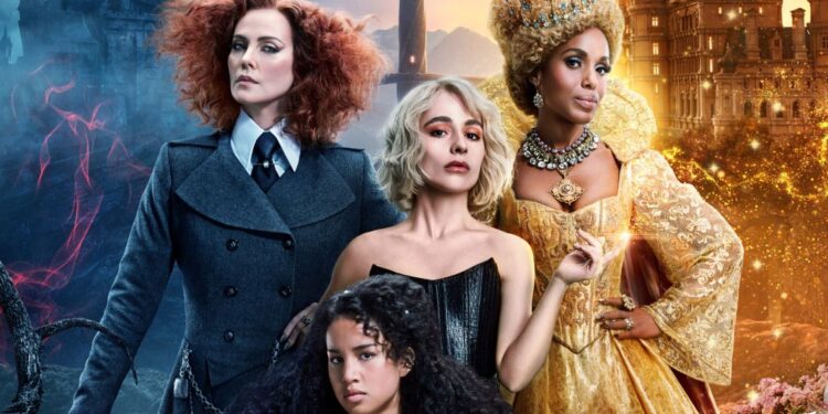 (clockwise) Sophia Anne Caruso as Sophie, Kerry Washington as Professor Dovey, Sofia Wylie as Agatha and Charlize Theron as Lady Lesso in the poster art for The School for Good and Evil