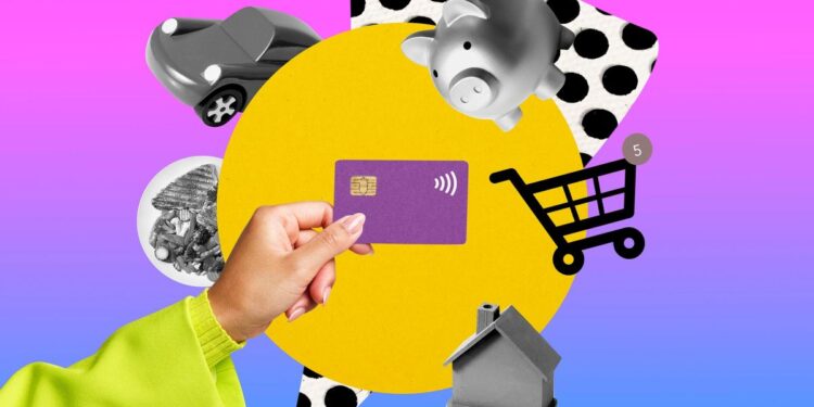 Credit Card graphic with shopping cart icon, piggy bank, car, home