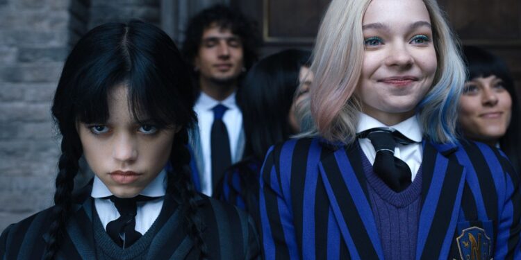 (L to R) Jenna Ortega as Wednesday Addams, Emma Myers as Enid Sinclair in episode 102 of Wednesday.