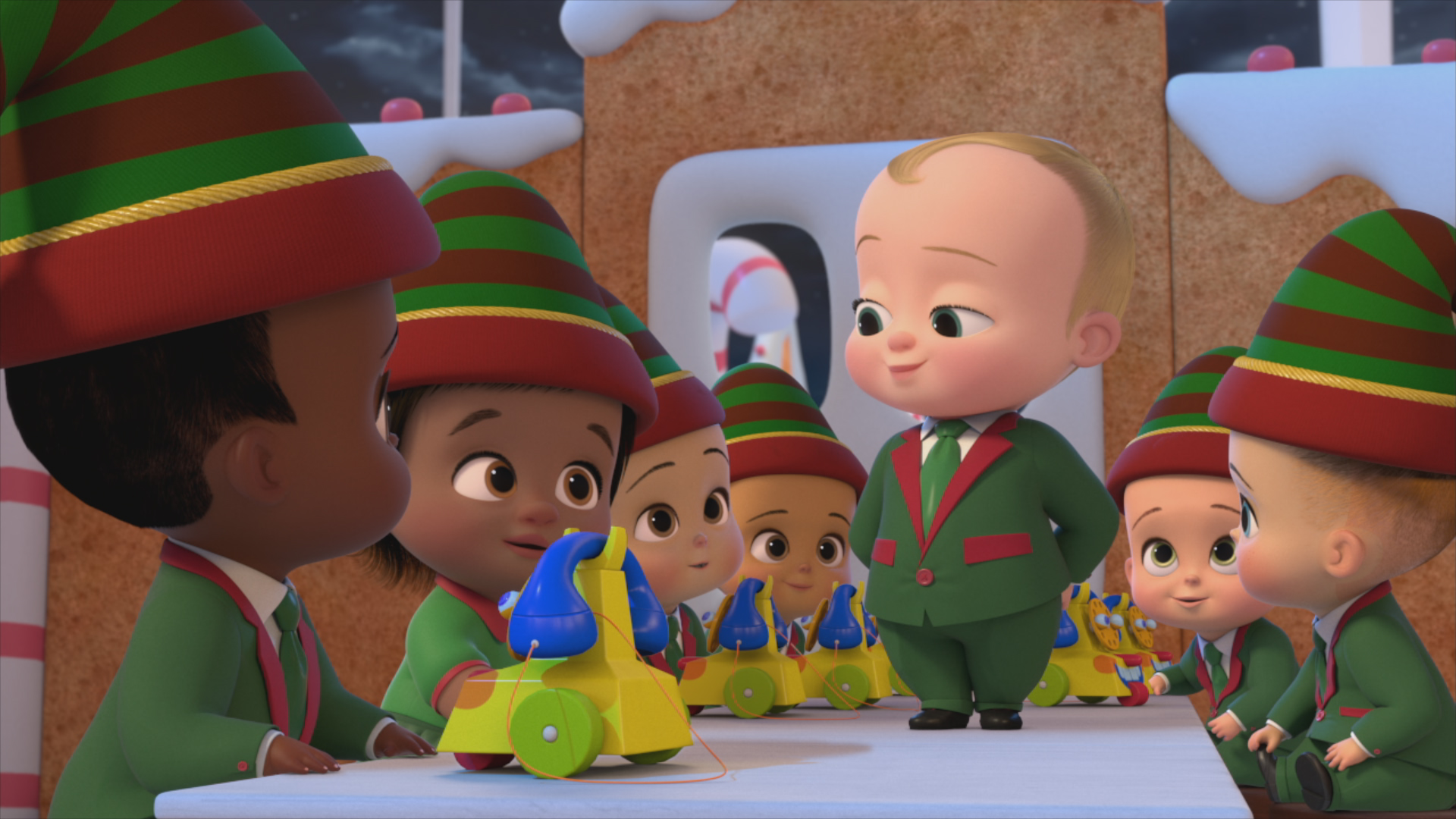 (من اليسار إلى اليمين) الممثل JP Karliak في دور Boss Baby in The Boss Baby: Christmas Bonus.