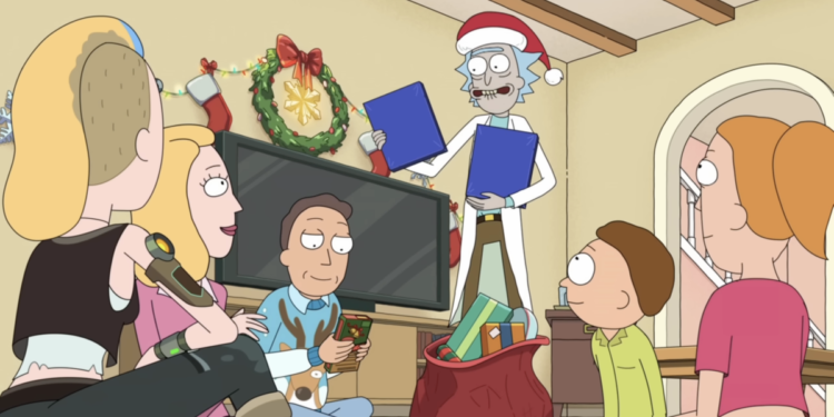 (L to R) Space Beth, Beth, Jerry, Rick giving gifts, Morty and Summer celebrating Christmas in Rick and Morty season 6 episode 10, the season finale.