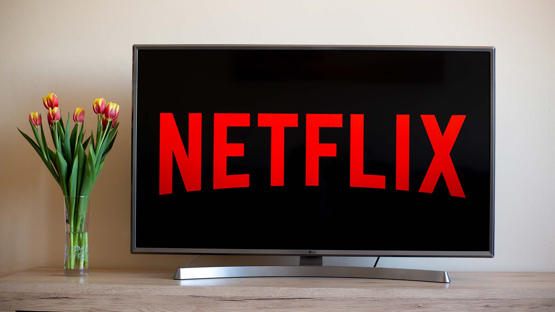 شعار Netflix على شاشة التلفزيون بجوار إناء زهور