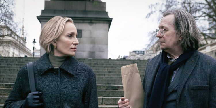 (L to R) Kristin Scott Thomas as Diana Taverner and Gary Oldman as Jackson Lamb in Slow Horses, one of the best Apple TV Plus shows